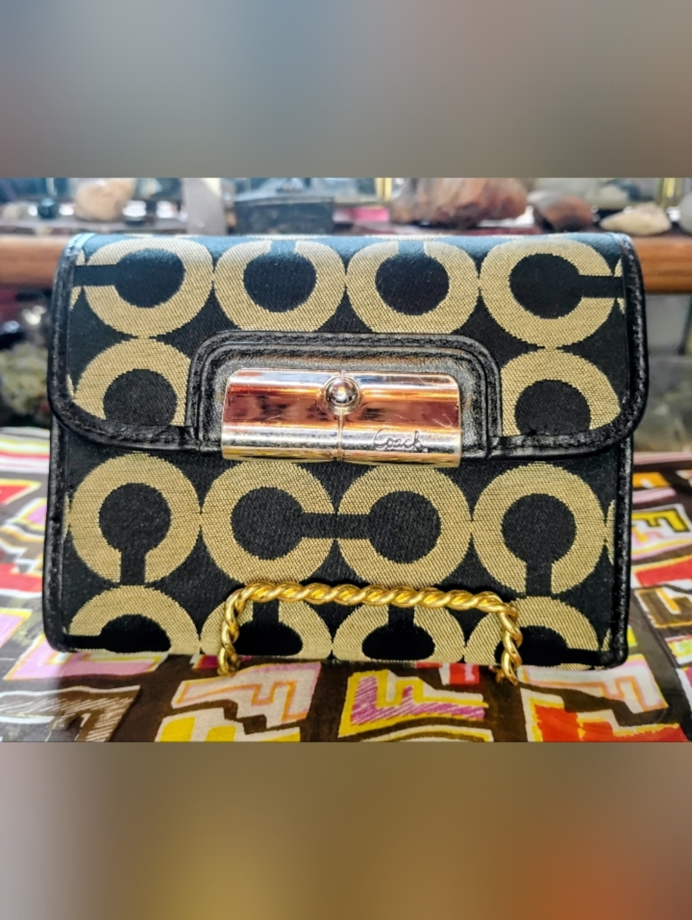 Coach Black & Khaki Signature Clasp Wallet